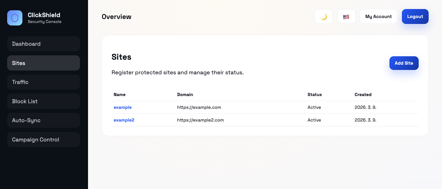 ClickShield site list screen